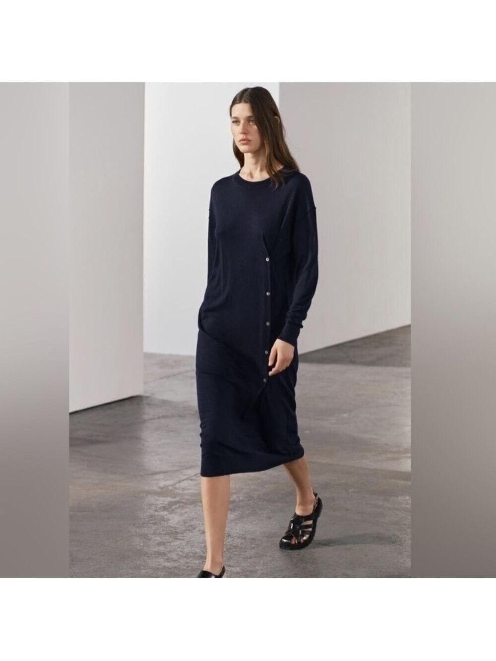 ZARA Fine Wool Blend Lightweight midi/maxi knit dress Side Buttons Navy Blue S